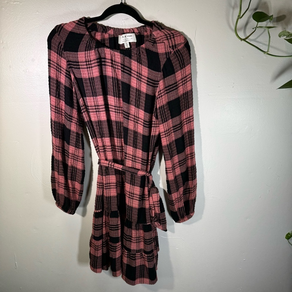 Anthropologie Cloth&Stone Plaid Daia Belted Tier Mini Dress Raglan Long Sleeves - Picture 16 of 16